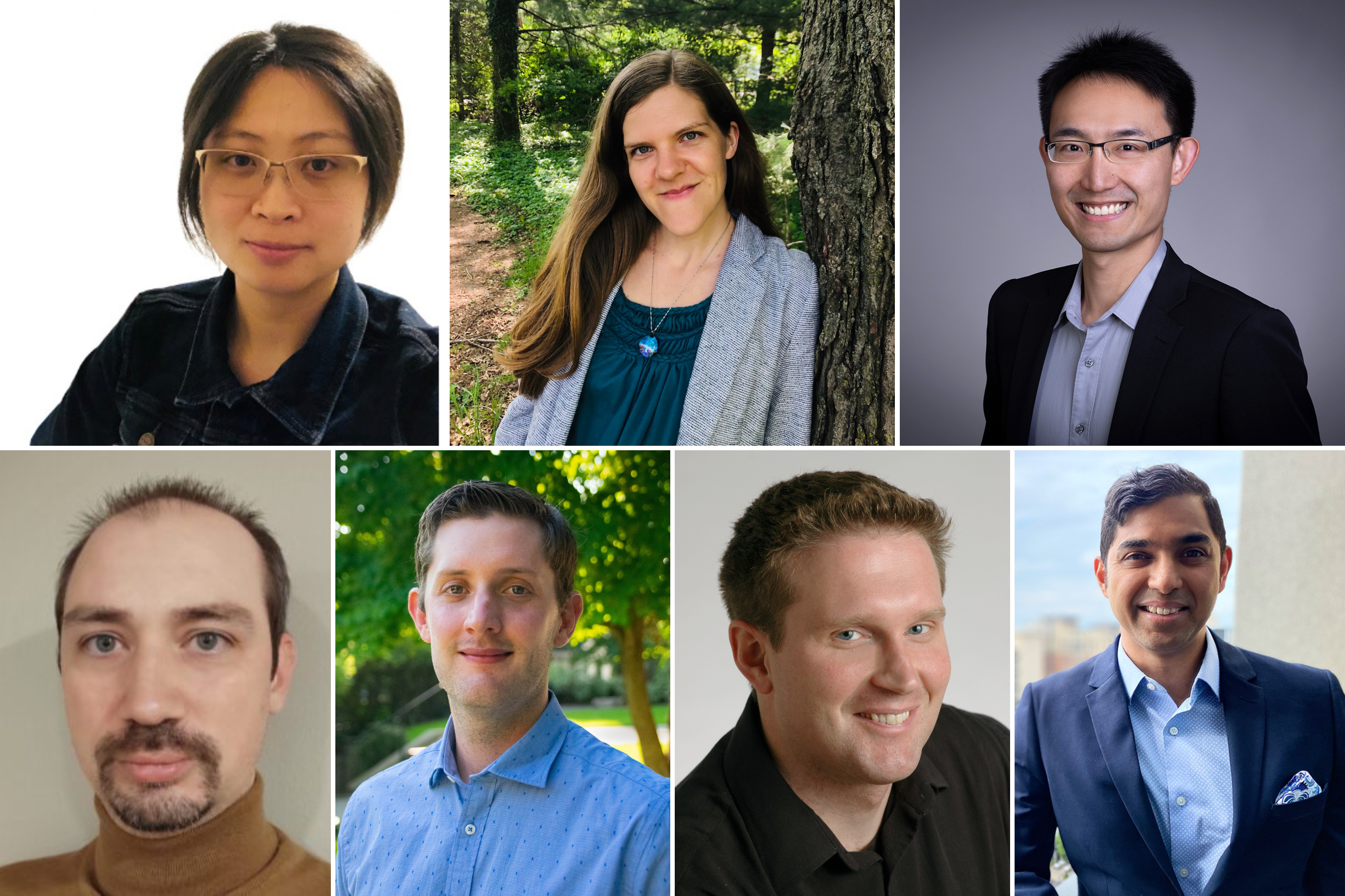 New faculty of the MIT School of Science (clockwise from top left): Wanying Kang, Sarah Millholland, Sam Peng, Harikesh Wong, Martin Wainwright, Richard Teague, and Julien Tailleur.