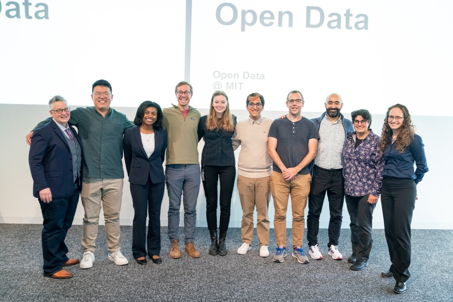 The MIT Prize for Open Data was awarded to 10 projects representing several MIT schools and research centers. Left to right: Chris Bourg, Suyeol Yun, Raechel Walker, Matthew Groh, Djuna von Maydell, Maanas Sharma, Tom Pollard, Pedro Reynolds-Cuéllar, Nergis Mavalvala, and Rebecca Saxe. Not pictured: Yunsie Chung, Joseph Replogle, and Jonathan Zheng.