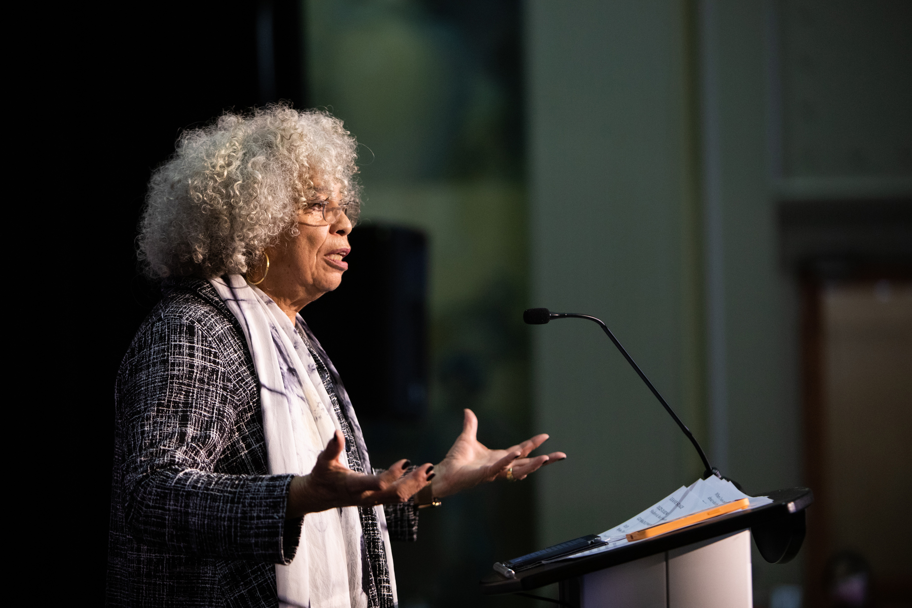 Keynote speaker Dr. Angela Y. Davis, feminist and writer, addressed the gathering at MIT’s annual celebration of the life and legacy of Dr. Martin Luther King Jr.