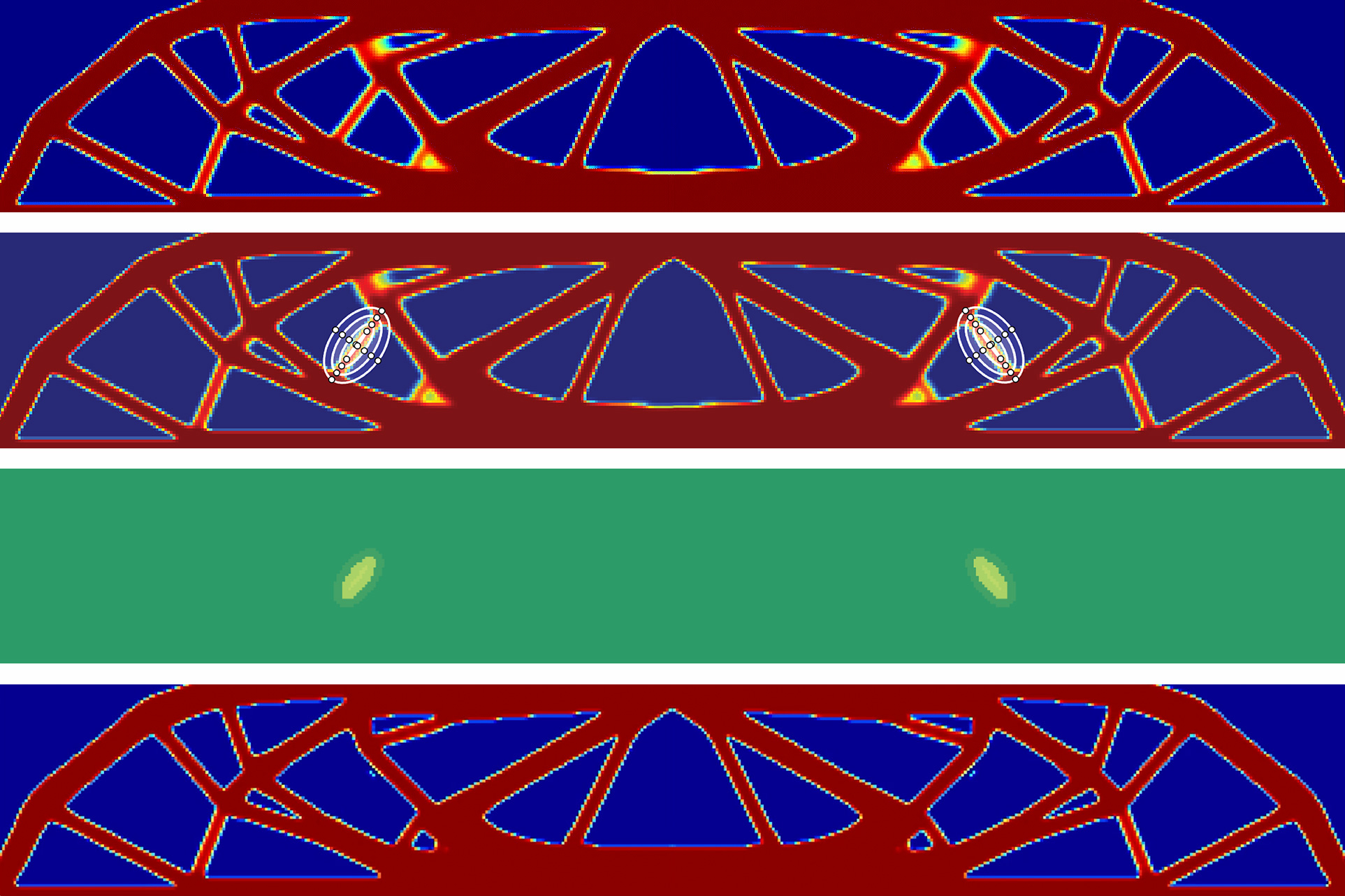 This sequence shows an example of the iterative design process in action. On top, you can see the AI-designed initial version of a support beam. In the second and third images, a human operator highlights two support segments as unnecessary. The bottom image shows how the AI system incorporates that input by eliminating those segments and strengthening others to compensate.