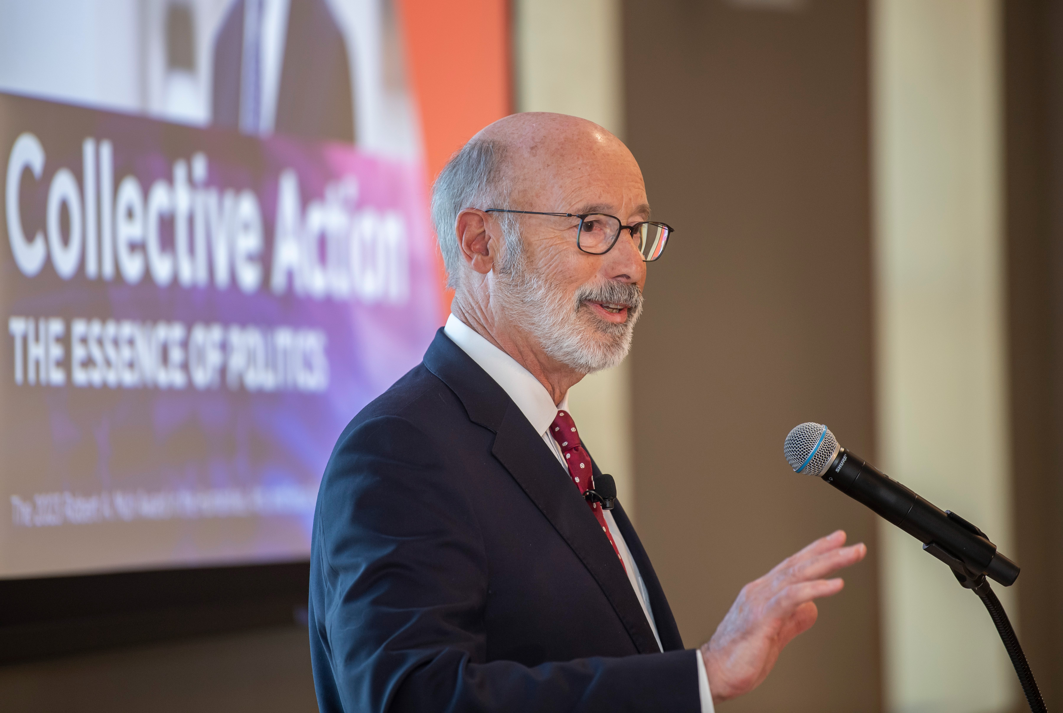Former Pennsylvania governor Tom Wolf PhD ’81 accepted the 2023 Robert A. Muh Alumni Award from the School of Humanities, Arts, and Social Sciences on March 21.