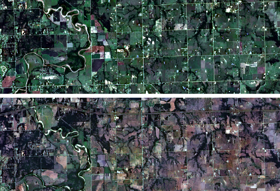 Two views of cropland affected by a 2022 drought in northeastern Oklahoma City, one on June 14 (left) and the other on July 20. “This image shows a compelling story that the Oklahoma City drought destroyed crops in just around 35 days,” says MIT postdoc Wenzhe Jiao.