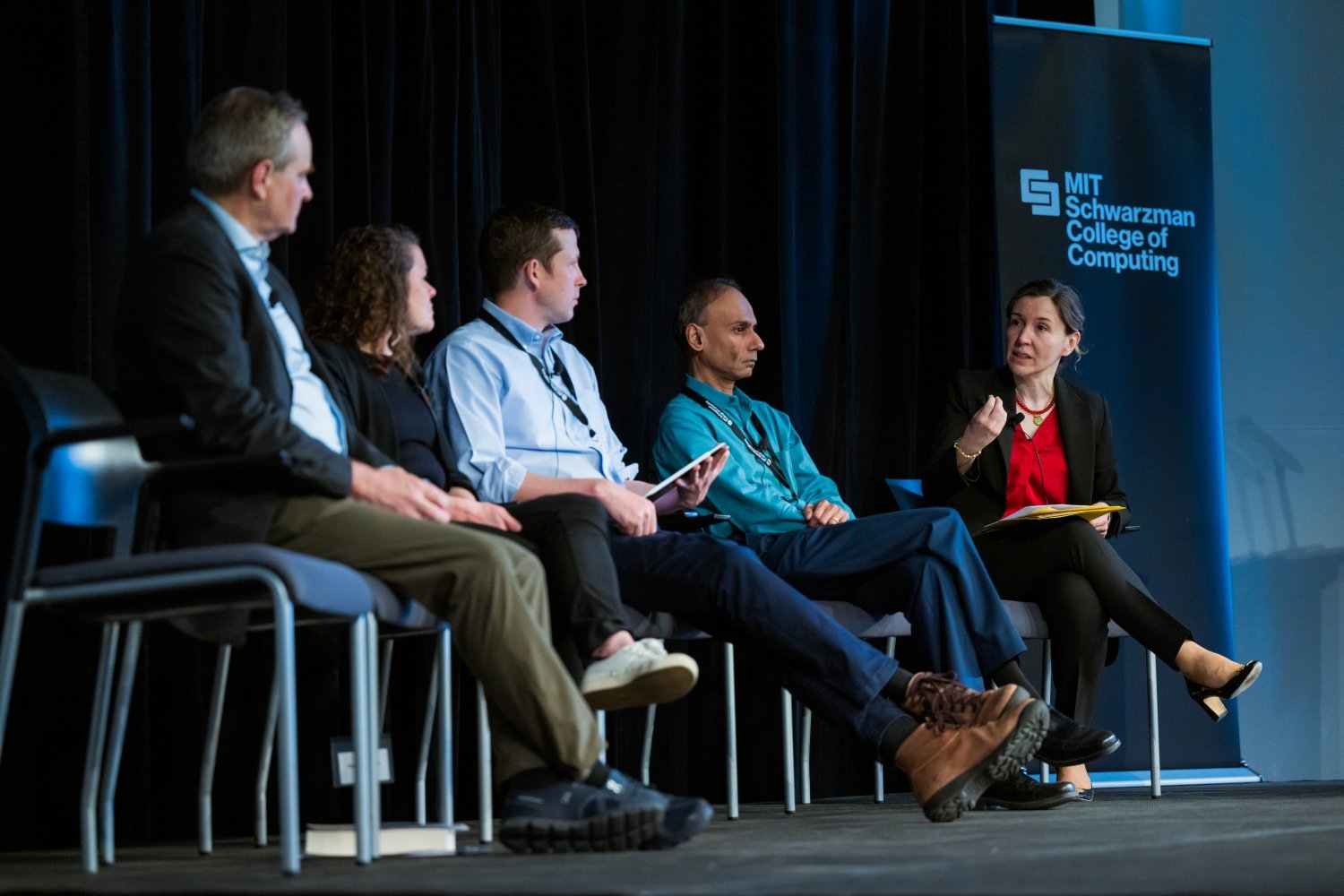 Left to right: MIT faculty members Simon Johnson, Sarah Williams, Srini Devadas, and Asu Ozdaglar discussed the implications of data and algorithms at the SERC Symposium.