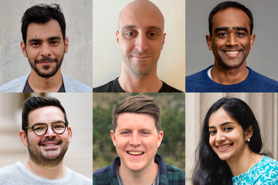 The MIT-Pillar AI Collective's seed grant recipients will receive funding and support for research projects that could translate into commercially viable products or companies. Top row, left to right: Abdullah Alomar, Simon Axelrod, and Arjun Balasingam. Bottom row, left to right: Guillermo Bernal, Michael Foshey, and Vibhaalakshmi Sivaraman.