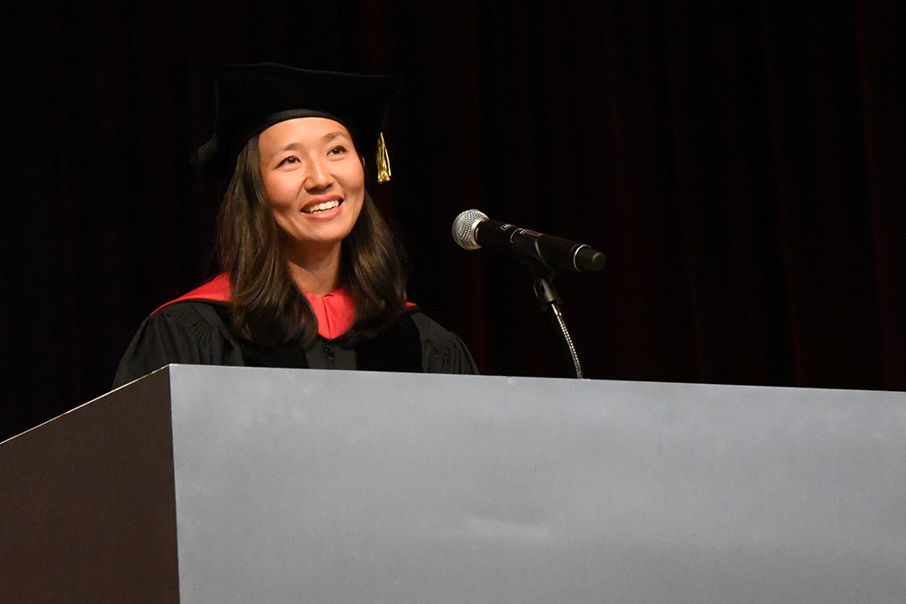 Boston Mayor Michelle Wu addresses the audience at the 2023 MIT School of Architecture and Planning Advanced Degree Ceremony.