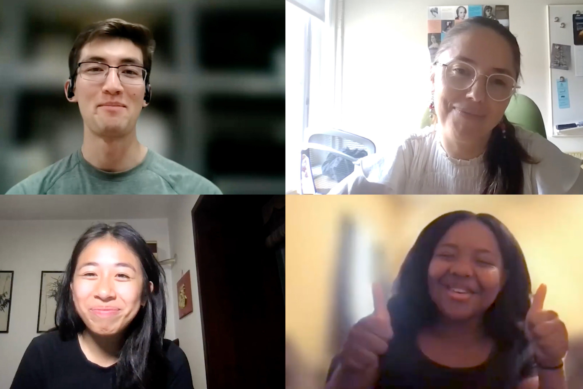 A still from the “Comm Lab Voices” video where clients share their stories for the MIT Communication Lab’s 10th Anniversary. Top row from left: Kirby Heck, PhD Candidate, MIT Civil and Environmental Engineering; Jasmina Burek, MIT Postdoctoral Associate ’19-21. Bottom row: Victoria Yang, MIT ChemE BSE’23; Jordan Alford, MIT ChemE BSE’20.