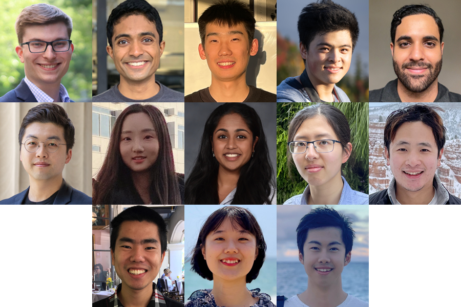 Top row, from left to right: Adam Gierlach, Vivek Gopalakrishnan, Hao He, Chengyi Long, and Omar Mohd. Middle row, from left to right: Sanghyun Park, Huaiyao Peng, Priyanka Raghavan, Zhiye Song, and Peiqi Wang. Bottom row, from left to right: Oscar Wu, Soojung Yang, and Yuzhe Yang