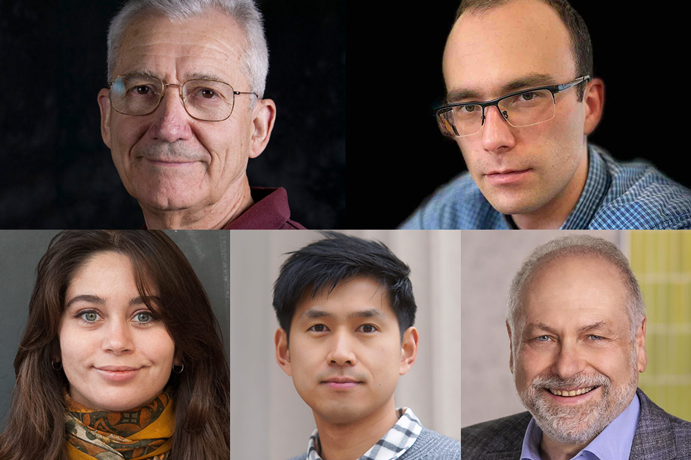 Top row, left to right: Professor Wit Busza, Instructor Karol Bacik. Bottom row, left to right: postdoc Cari Cesarotti, postdoc Chao Li, and Pablo Gaston Debenedetti SM ’81, PhD ’85.