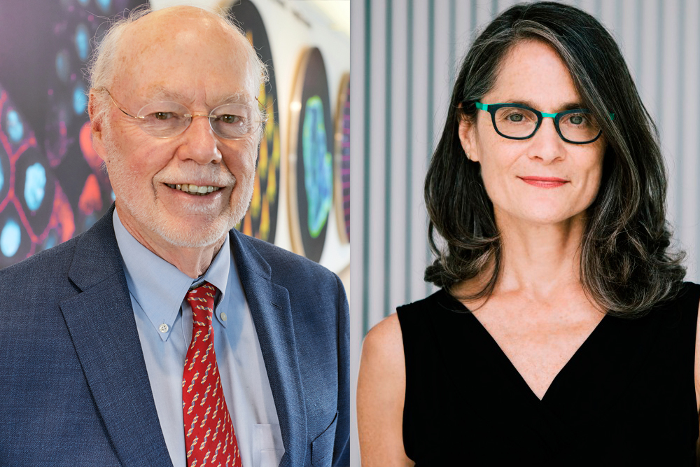 MIT Institute Professor Phillip Sharp, left, and MIT Press Director Amy Brand discuss a white paper on the future of open-access publishing in academia.