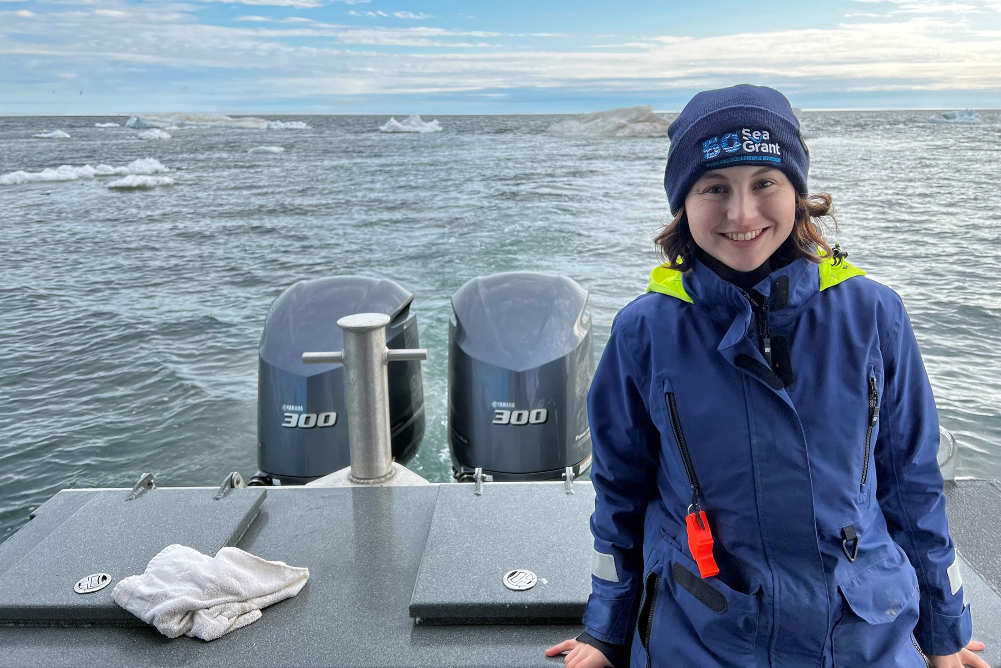 During a near-shore Beaufort Sea sampling campaign in July 2023, PhD student Emma Bullock sampled ocean water with recent meltwater inputs to test for radium isotopes, trace metals, carbon, nutrients, and mercury.