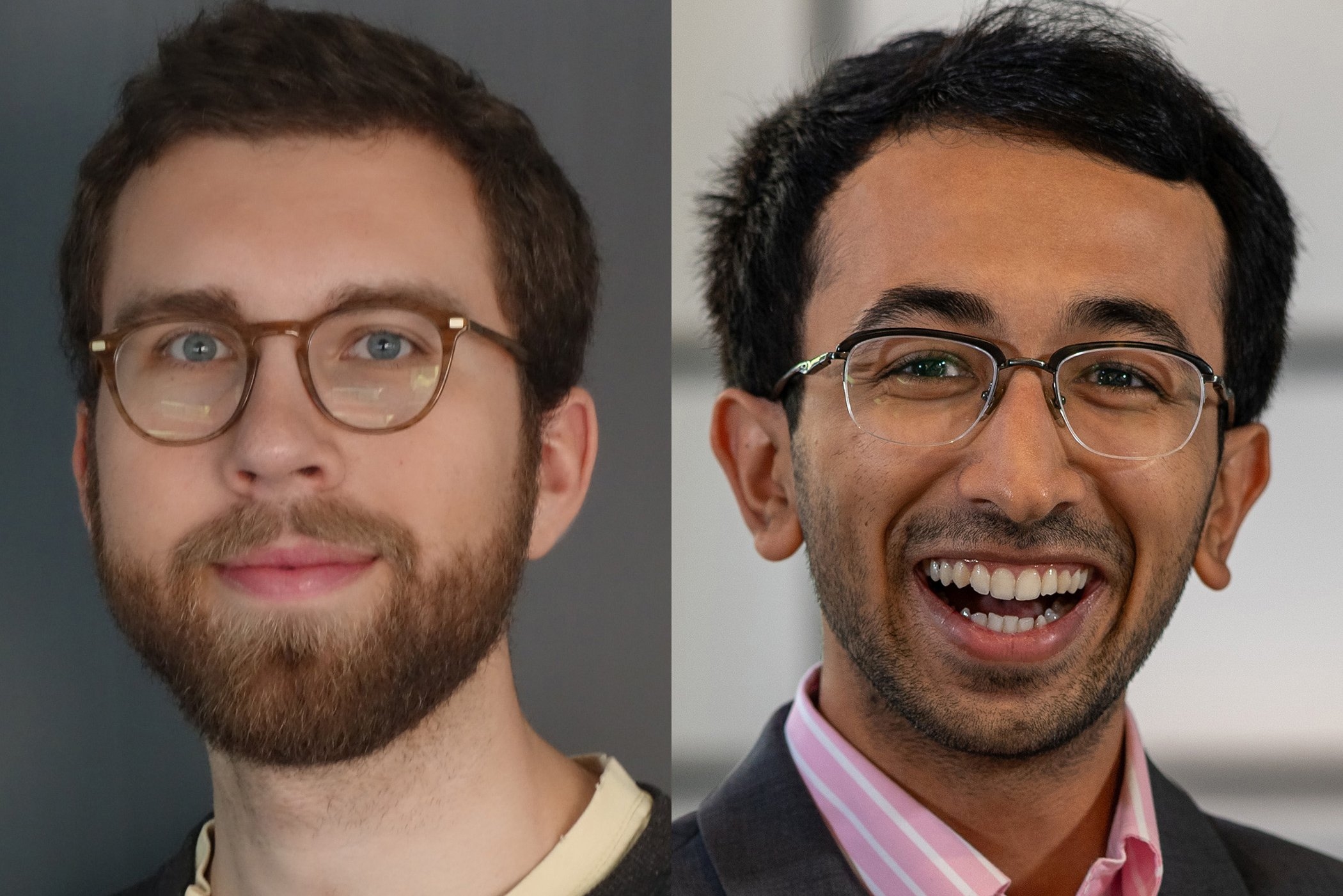 MIT PhD candidates Grant Knappe (left) and Arjav Shah are the 2024 recipients of the Kavanaugh Fellowship, which helps scholars commercialize their research. 