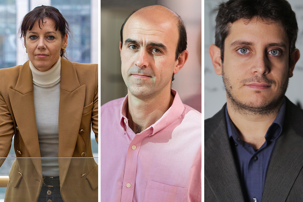 Left to right: Domitilla Del Vecchio, the Grover M. Hermann Professor in Health Sciences & Technology and professor of mechanical engineering; Mehrdad Jazayeri, professor of brain and cognitive sciences and an investigator at the McGovern Institute; and Themistoklis Sapsis, the William I. Koch Professor of Mechanical Engineering and director of the Center for Ocean Engineering.
