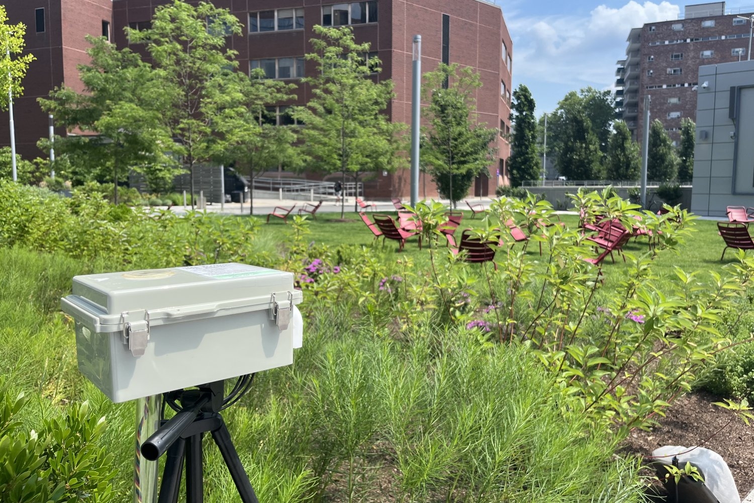 A heat sensor captures data in the Kendall/MIT Open Space.