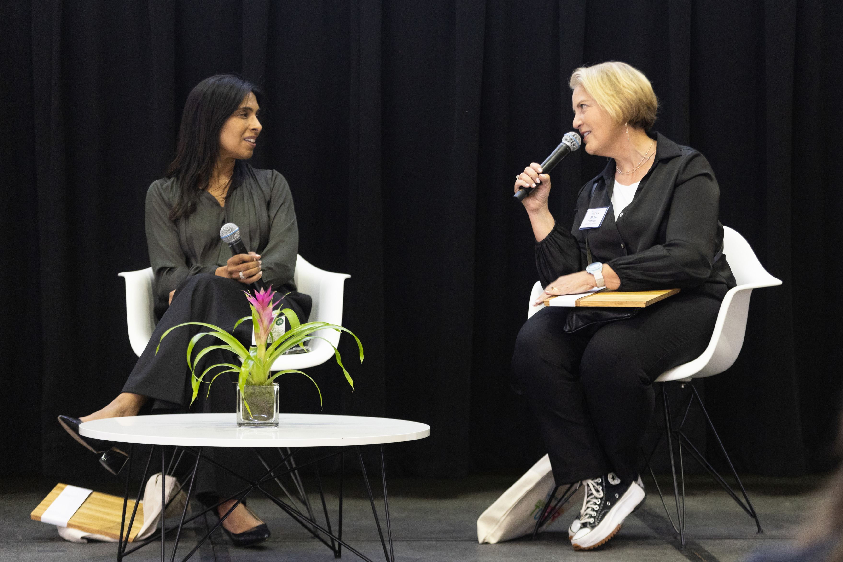 Two Founder Awards were given to MIT Professor Sangeeta Bhatia, left, and Johnson & Johnson Innovation Head Michal Preminger for their work bringing people together to achieve hard things that benefit humanity.