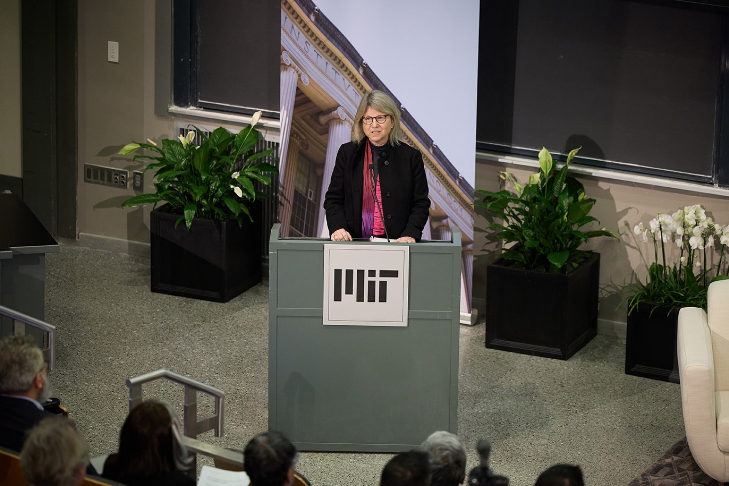 MIT President Sally Kornbluth addresses the audience at the MIT Human Insight Collaborative launch.