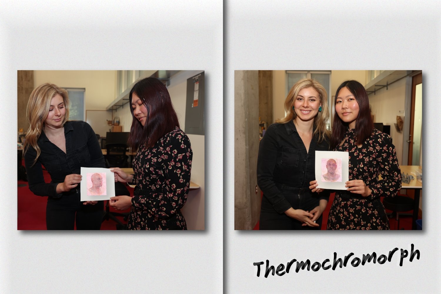 MIT graduate student researchers Paris Myers (left) and Ticha Sethapakdi watch as a drawing of a human face turns its head to the right. Thermochromorph combines CMYK imaging, laser cutting, manual printmaking, and thermochromic inks to transform images.