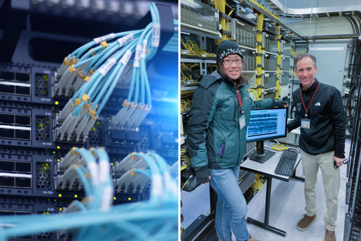 With the help of IS&T employee John Morgante (right), EAPS PhD student Hilary Chang was able to use MIT’s existing fiber optic infrastructure as a way to image the ground beneath campus, which can help inform building code designed for seismic hazards.