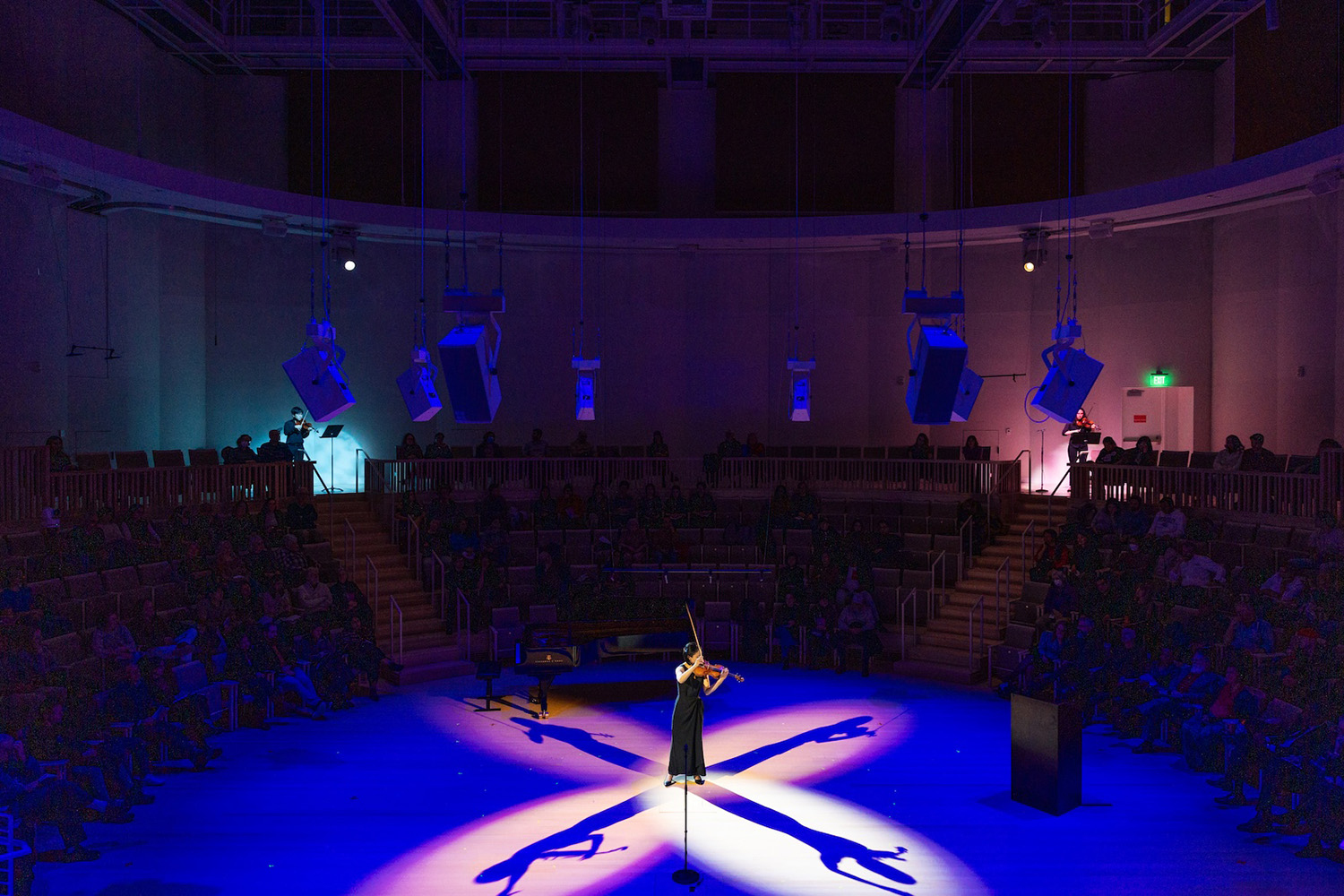 Performance in the new Thomas Tull Hall in the Edward and Joyce Linde Music building by Assistant Professor of MIT Music and Theater Arts and violinist Natalie Lin Douglas and four students. The musicians performed the new piece Madrigal composed by Keeril Makan, SHASS Associate Dean and Michael (1949) and Sonja Koerner Music Composition Professor.