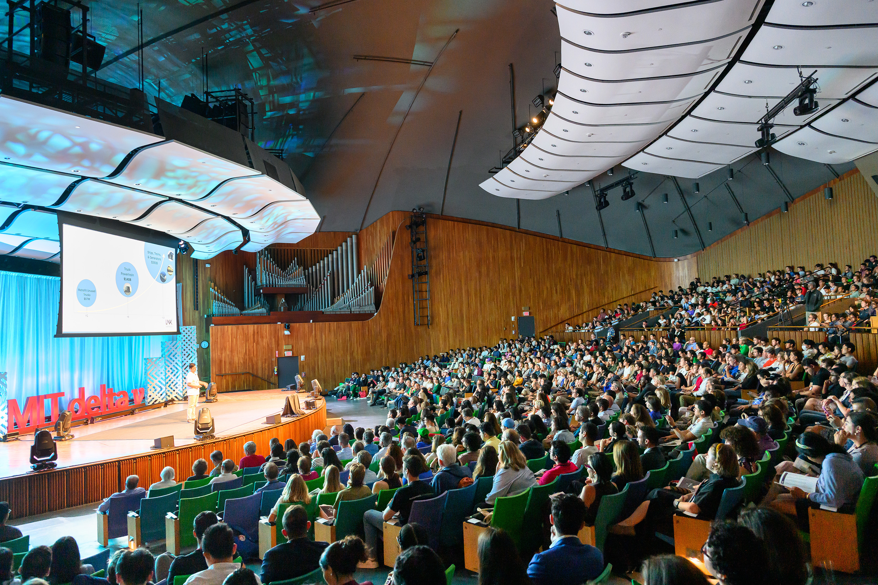 The 14th annual delta v Demo Day was a celebration of entrepreneurship as students in the summer accelerator shared their progress with a packed audience in Kresge Auditorium.