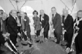 The Stata Center ground-breaking group included (left to right) Provost Robert A. Brown, senior lecturer Christopher J. Terman, donor J. William Poduska Sr., Corporation chairman Alexander V. d'Arbeloff, donors Maria Stata and Raymond Stata, President Charles M. Vest, donor Alexander Dreyfoos Jr. and Carolyn Dreyfoos.