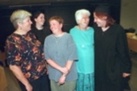 Left to right: Eileen Riley with her daughters Katy (SB 2000) and Patricia (SB 1991), Ruby Rooney (the graduates' grandmother) and Nancy Riley-Jankowiak (SM 2000).