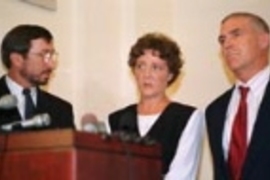 Darlene and Robert Krueger (right) held a press conference last week to announce a settlement with MIT regarding the alcohol-induced death of their son, freshman Scott Krueger, at a fraternity party three years ago. The Kruegers are shown with their lawyer, Leo Doyle (left), who arranged the press conference.