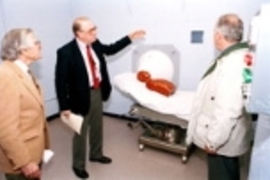 At Monday's inauguration of the Fission Converter Epithermal Neutron Irradiation Facility, Professor Otto Harling (center) discusses the facility with Dr. Constantine Maletskos (left), a member of the MIT Reactor Safeguards Committee, and Lincoln Clark Jr., former associate director of the Nuclear Reactor Laboratory.