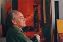 Gyorgy Kepes, with brush in hand, works in his Boston studio in this 1989 photo.