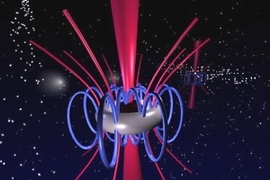 An artist's impression of the        hottest tango in the universe. The remnants of a star, now really a donut-shaped        ring or torus, spin around a rotating black hole in a sort of cosmic tango.        The black hole leads its passive torus-partner around, feeding it energy        through the many magnetic field lines entangling the two cosmic bodies like        entwined arms. The torus in t...