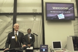 President Charles Vest (left) and Professor Subra  Suresh, head of the Department of Materials Science and Engineering, preside at  the dedication of the NanoLab.