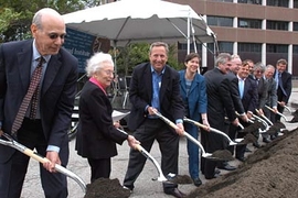 Gentlemen and ladies, raise your shovels! Participants inWednesday's Broad Institute groundbreaking, left to right, are Edward H. Linde, president of Boston Properties; Jacqueline S. Sullivan, chair of the Cambridge Redevelopment Authority; Harvard University president Lawrence H. Summers; Susan L. Lindquist, director of the Whitehead Institute for Biomedical Research; Edward J. Benz, Jr., preside...