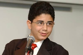 Zawris PeÃ±a, 13, gives a speech to fellow participants in the MIT STEM summer progam.