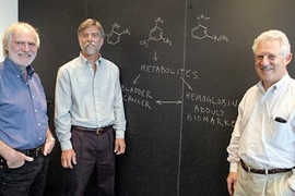 From left, Pete Wishok, Paul Skipper and Steve Tannenbaum, display diagrams related to their work identifying three new chemical risk factors for bladder cancer.