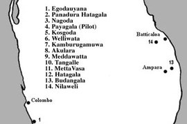 A map of the Prajnopaya Foundation's construction sites in southern Sri Lanka.