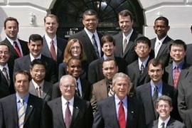 Assistant Professor Martin L. Culpepper, in the center of the top row, poses with President Bush and fellow winners of the 2004 Presidential Early Career Awards for Scientists and Engineers in front of the White House on June 13.