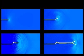 This simulation shows a crack spreading in a brittle material. First the crack creates a clean slice across the surface (upper left), but as it gains speed (other figures, clockwise) it starts to gyrate, and the crack's path becomes increasingly uneven.