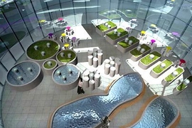 The garden inside the cell-shaped building designed by Sloan Kulper (S.B. 2003) and Audrey Roy (S.B. 2005) would include such biologically inspired features as pools in the shape of endosomes, left, and mitochondria.