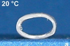 A series shows the triple shape effect of a tube prepared from a polymer network, CL(50)EG. Starting at 20 degrees Celsius, shape (a) has an upright diameter of 4.5 mm; when heated to 40 C, it switches to a second programmed shape (b) with a diameter of 6.9 mm, and then to its permanent shape (c) with a diameter of 5.8 mm, when heated to 60 C.

In both series the material CL(50)EG used to produc...