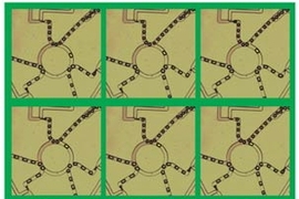 A colored montage of a ring oscillator used in the microfluidic computer developed by researchers at MIT. Starting with top left image, and reading left to right, the yellow bubble flows around the ring until it reaches and joins a stream of bubbles.
