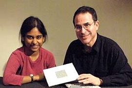 Professor Edward Adelson, right, and his MIT co-author Lavanya Sharan with some of the "surfaces" they use to measure subjects descriptions of their perception of texture,glossiness, etc. in the lab.