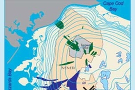 In this 2005 illustration of the "shoulder" of the Cape, the Cape Cod Canal is visible at the top. If the land is viewed as a clock, Bourne is at 11, Sandwich at 12:15, Barnstable at 3 and Mashpee at 5:30. Falmouth is in the bottom left corner. The salmon-colored area indicates the Massachusetts Military Reservation. Green indicates groundwater contaminant plumes made up mostly of explosive compou...