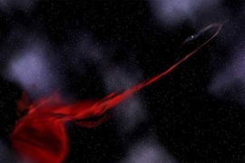 In this artist depiction of the SWIFT J1756.9-2508 system, the foreground object is the planet-mass object. The pulsar, located at the upper right, is tidally distorting the companion into a teardrop-shaped object, and ripping gas from it. This material flows in a stream toward the pulsar and forms a disk around it. Eventually, enough gas builds up in the disk to produce an outburst bright enough ...