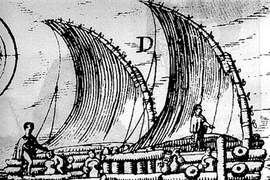 An early 17th-century sketch of a raft by the Dutch envoy Joris von Spilbergen in 'Speculum Orientalis Occidentalis que Indiae Navigation.'