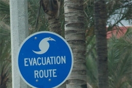 A sign indicating a hurricane evacuation route near Boca Raton, Florida.