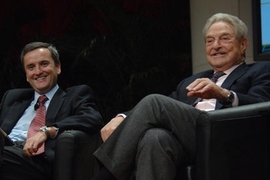 International financier and philanthropist George Soros, right, had a conversation with Ford International Professor of Economics and head of the department of economics Ricardo J. Cabellero at Kresge on Tuesday, October 28.
