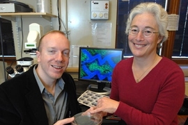 Principal research scientist with Harvard-MIT Health Sciences Lisa Freed, left, and George Engelmayr Jr., post-doc in Harvard-MIT Health Sciences report new scaffold (shown on monitor)for tissue engineering of the heart.