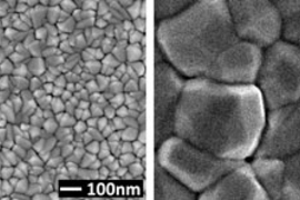 SEM images of a CU2O thin film solar cell material without (left) and with (right) improved grain size control during growth.