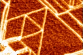 The crystallographic structure of a sheet of graphene is revealed in this Atomic Force Microscope picture.