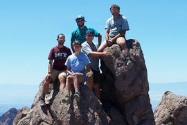 A group picture atop Mt. Lassen.  From left: Etienne Medard, Jay Barr, Christy Till, Mike Krawczynski and Timothy Grove. Grove, Till and Medard are co-authors of the new report.