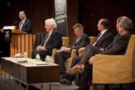 The 'The Evolution of Financial Technology' panel, included Andrew W. Lo, Harris and Harris Group Professor, MIT Sloan School of Management; John C. Cox, Nomura Professor of Finance, MIT Sloan; Robert C. Merton PhD ’70, School of Management Distinguished Professor of Finance,
MIT Sloan; Stewart C. Myers, Robert C. Merton (1970) Professor of Financial Economics,
MIT Sloan; Stephen A. Ross, Fran...